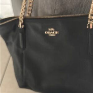 Coach Black Leather Shoulder Bag with Gold Chain